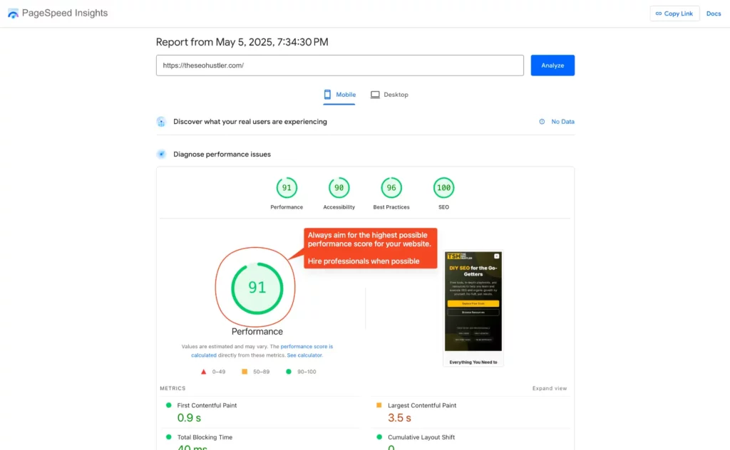 The SEO Hustler PageSpeed Score